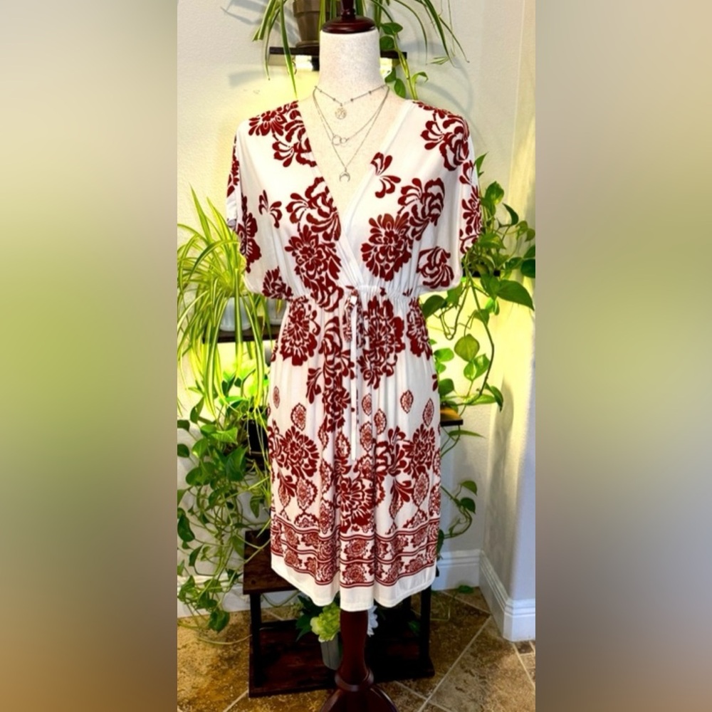 Floral V-Neck Dress in Cream and Brown - Picture 1 of 9